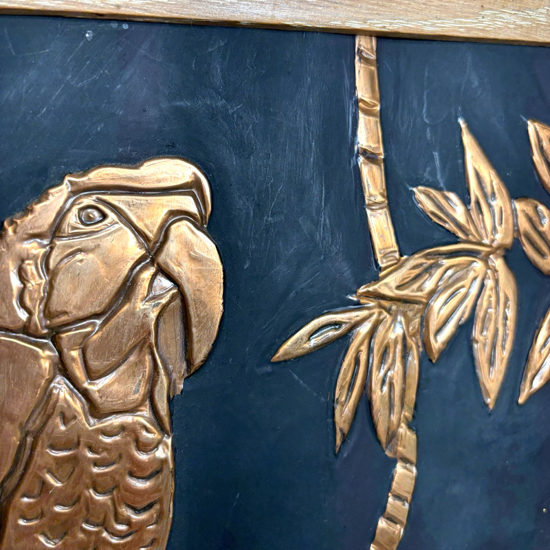 Repousse Relief Copper Parrot Bamboo Tropical Tiki Folk Art Wood Framed 13x16.25 gallery