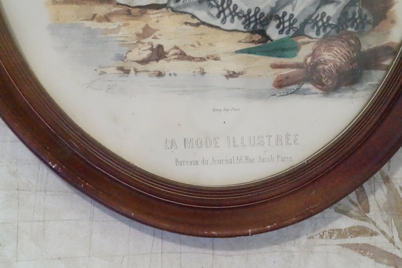 Large Oval Framed La Mode Illustree Hand Colored Fashion Print, Anais Toudouze gallery