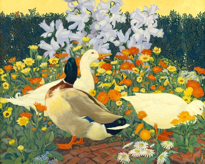 Jessie Arms Botke Ducks and Marigolds Wall Art Canvas Print
