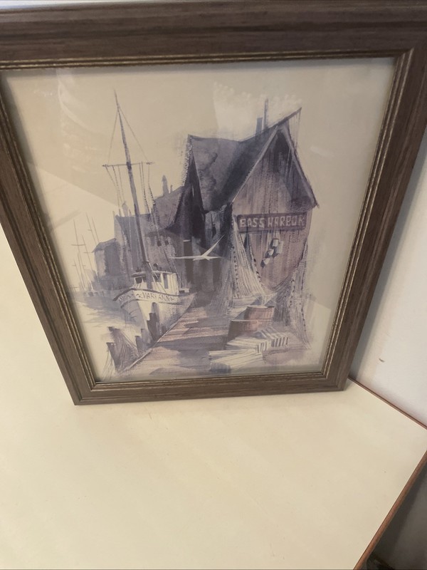 VTG Misty Day Lithograph Fishing Boats And Docks Signed & Framed 16.5 X13.5”