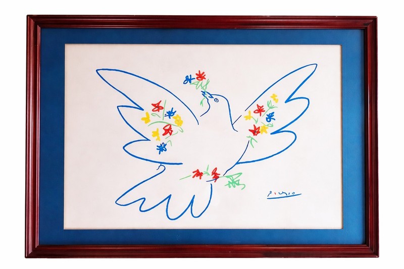 Picasso Dove With Flowers Vintage Color Lithograph Framed Mid Century Art