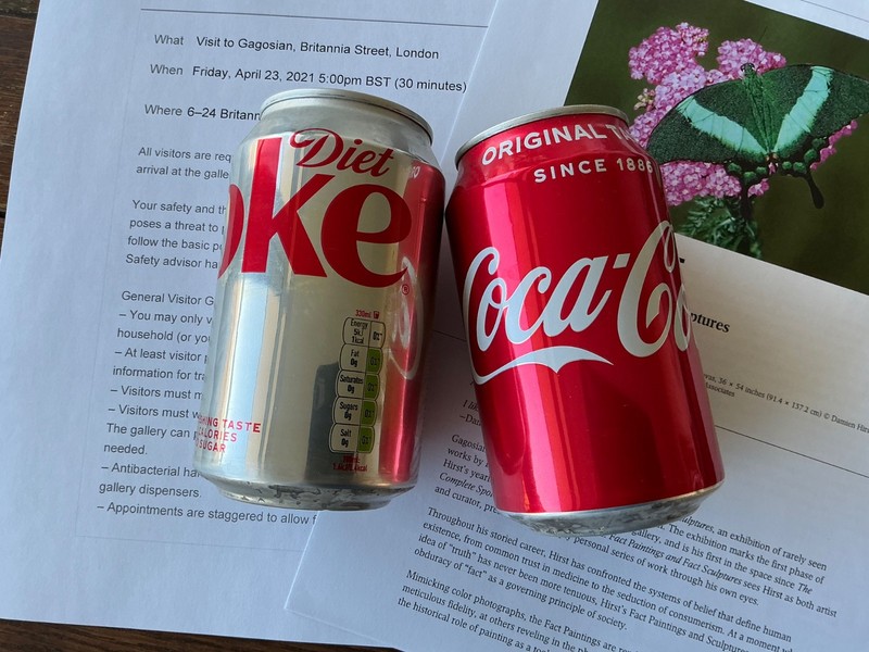 Damien Hirst SIGNED Coke & Diet Can Set Exhibition 2021 inc: Exhibition Ticket gallery