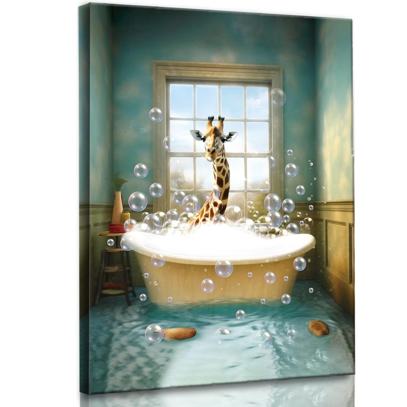 Giraffe In A Bath Canvas Funny Wall Art Decor Bedroom Bathroom UK 30 x 20CM