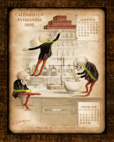 1900 PHARMACISTS 8×10 Antikamnia skull Halloween skeleton cover Art print