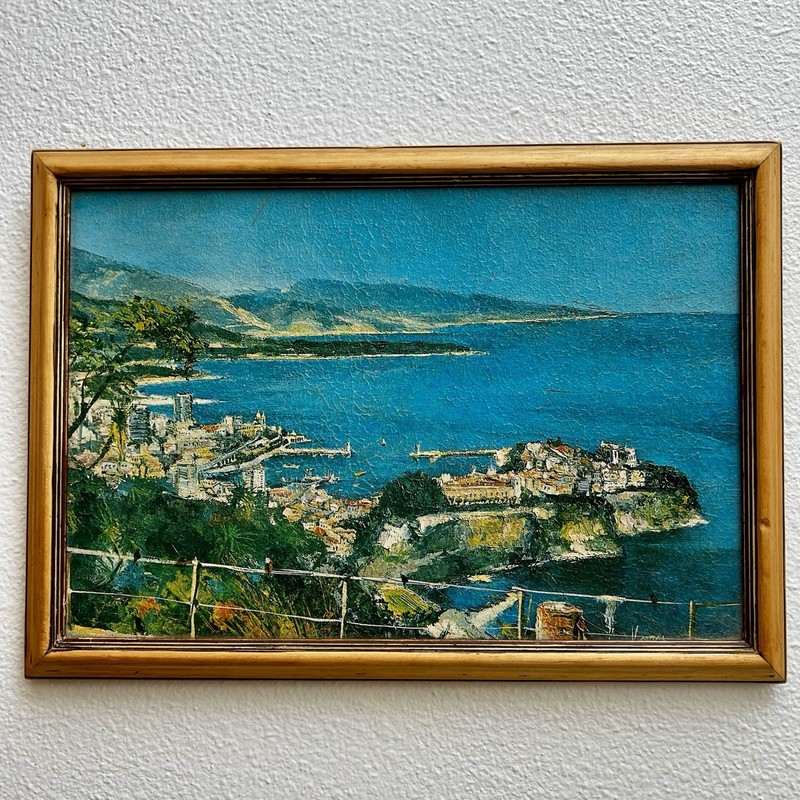 Vintage Framed Mediterranean Coastal Seascape Harbor Print Mid Century 9.5×13