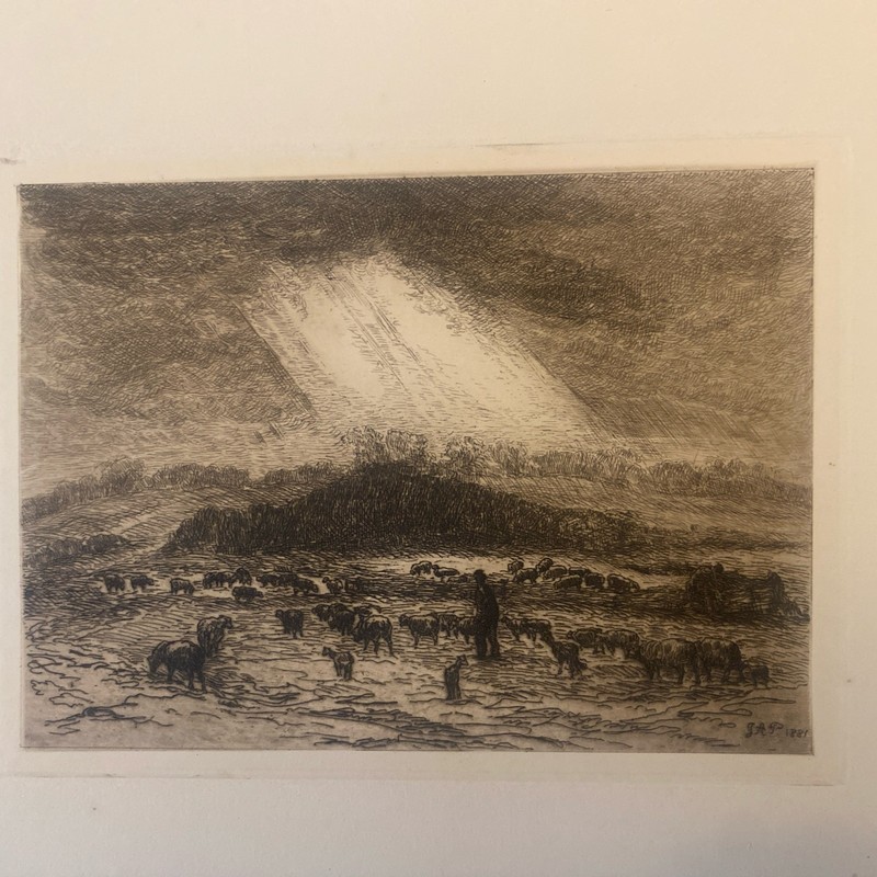 1881 J. A. Poulter “Pastoral” Antique English Etching – Shepherd Scene gallery