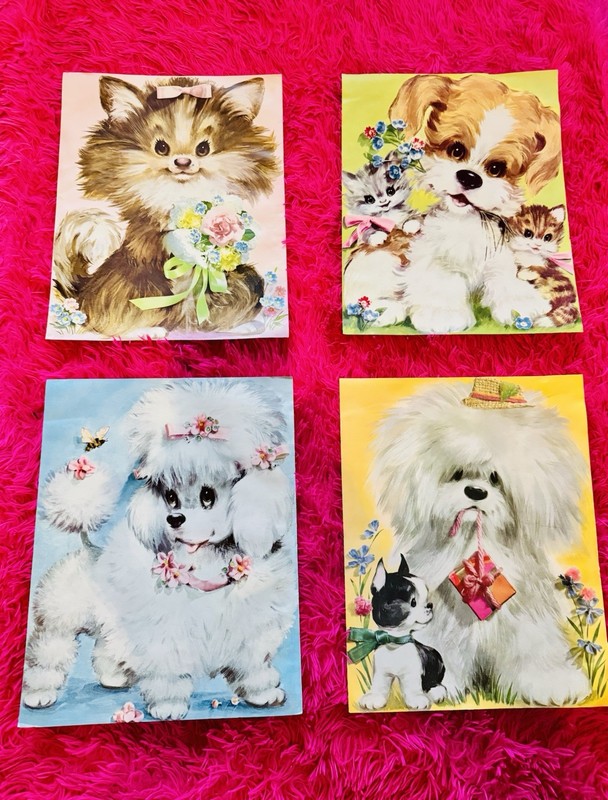 4 VTG Kitschy Pet Prints 11×14” Each Unframed Cute Puppies, Kittens & Flowers 🌺