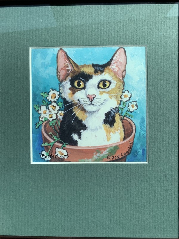Potted Cat animal art print by Joy Campbell size 9"x11" art 5"x5"