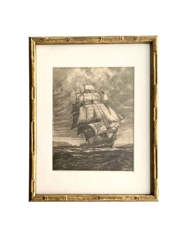 Ship Old Print by H. J Lewis Art in Faux Bamboo Frame Nautical Decor