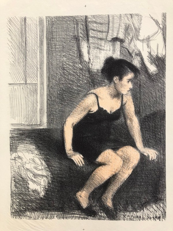Behind Screen-Model Resting-20 1/4 x 15 5/8" Color Lithograph-1949-Raphael Soyer gallery