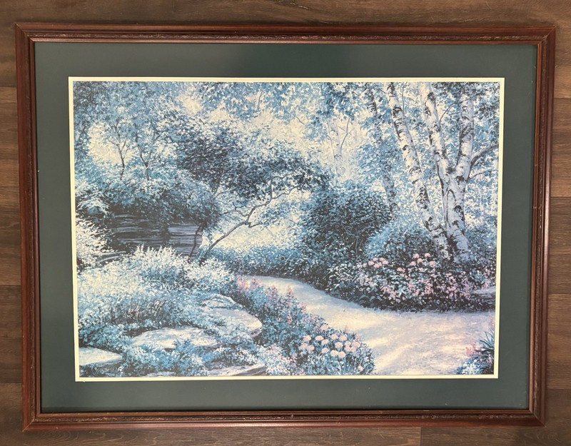 Vintage Large Garden Landscape Print In Wooden Frame 42in x 32in