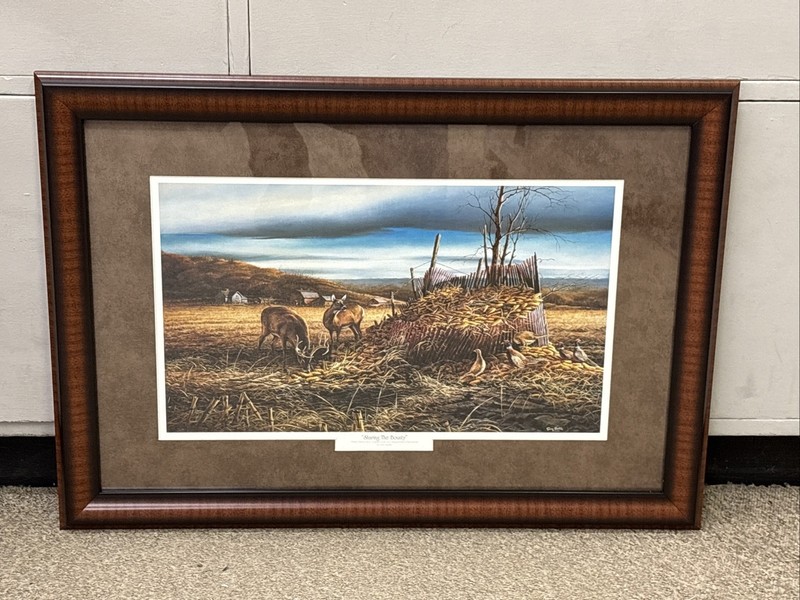 TERRY REDLIN CUSTOM FRAMED / Matted Sharing The Bounty B83 Deer Pheasants ￼