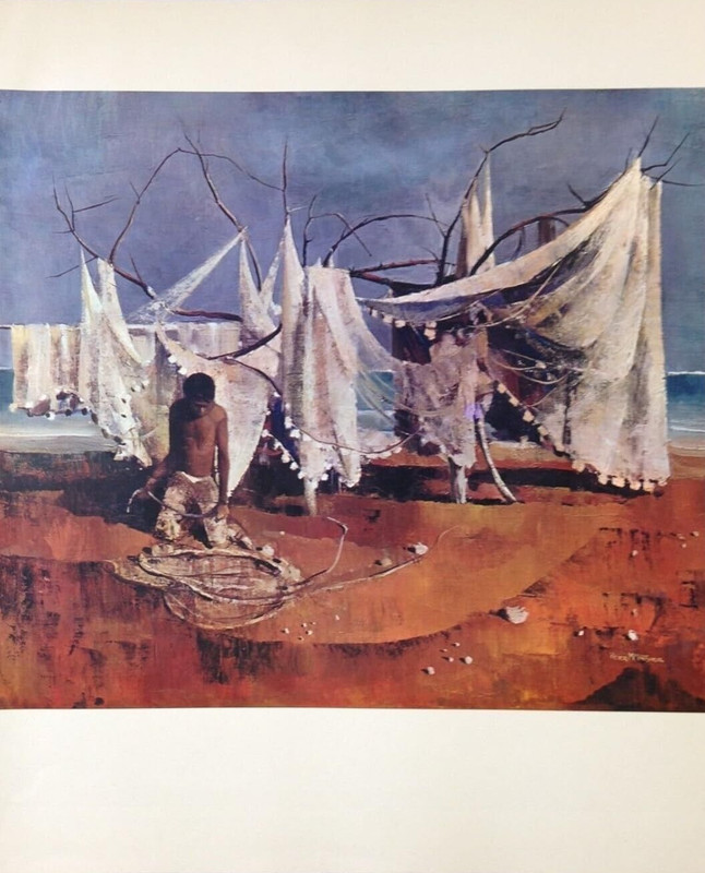 1966 Vintage Tahiti Full Color Plate «NETS ON A TAHITIAN BEACH » McIntyre Litho