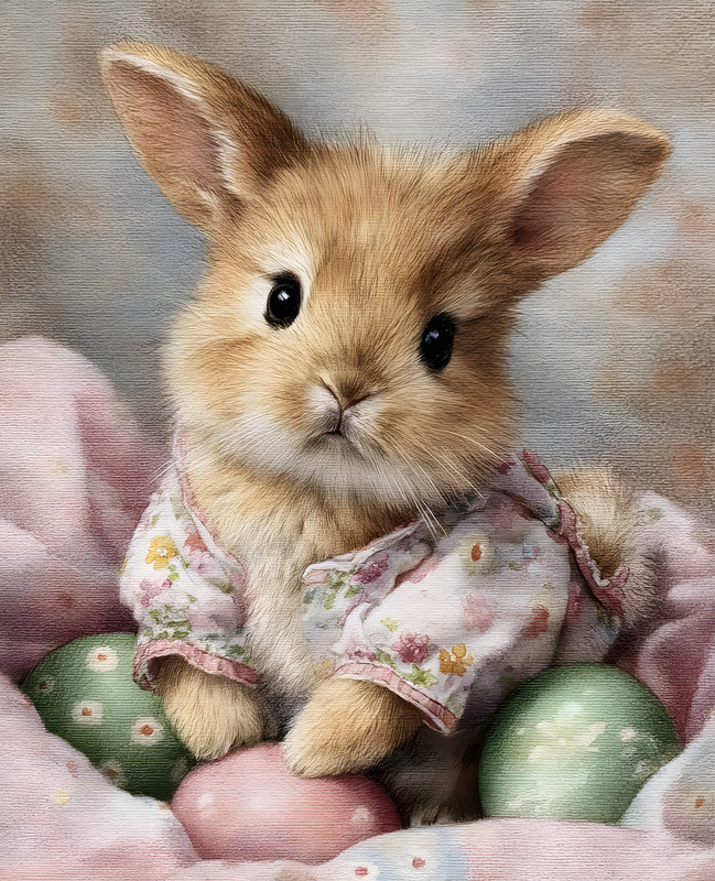 8×10 Small Rabbit Sitting in Pile of Eggs Art Print – 632428691