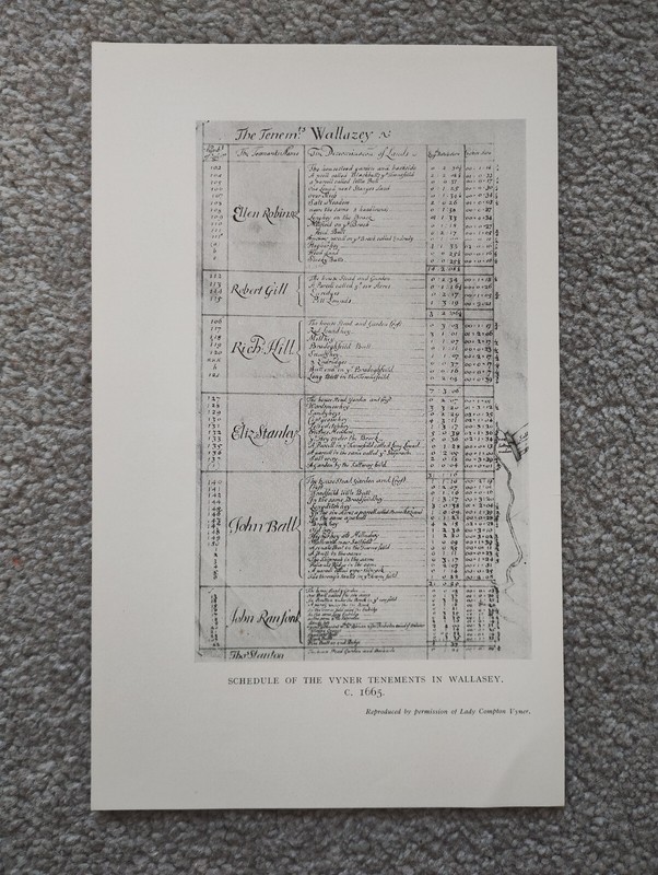 Schedule of Vyner Tenements c 1665Wallasey, Merseyside – Antique Print – 1929