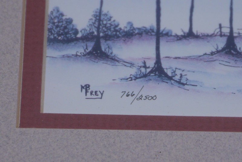 M.B. FREY SIGNED & NUMBERED FRAMED PRINT OF FARM SCENE, HOUSE, BARN, TREES gallery