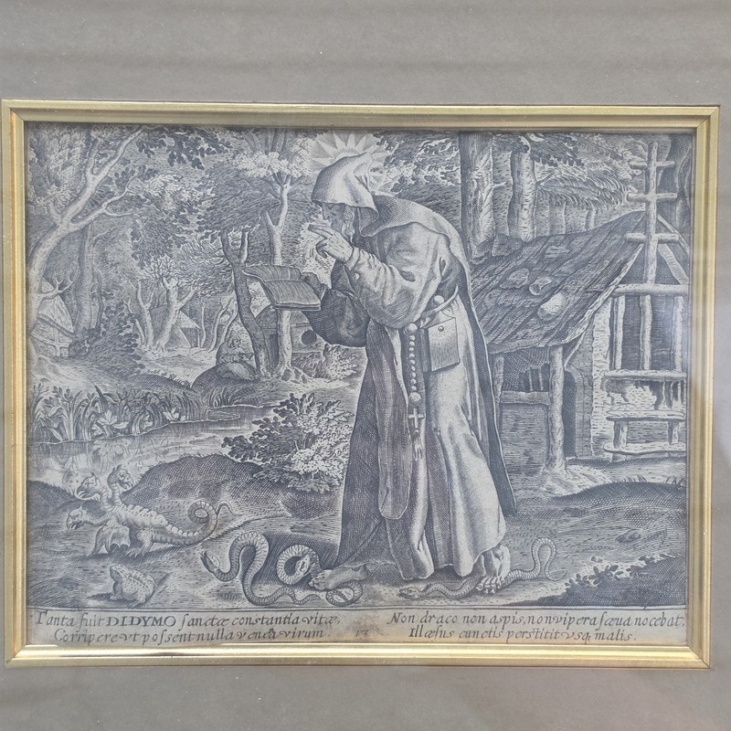 c.1600 Old Master Engraving St Didymus Serpents Laid Paper Framed 11.5x10.25 In. gallery