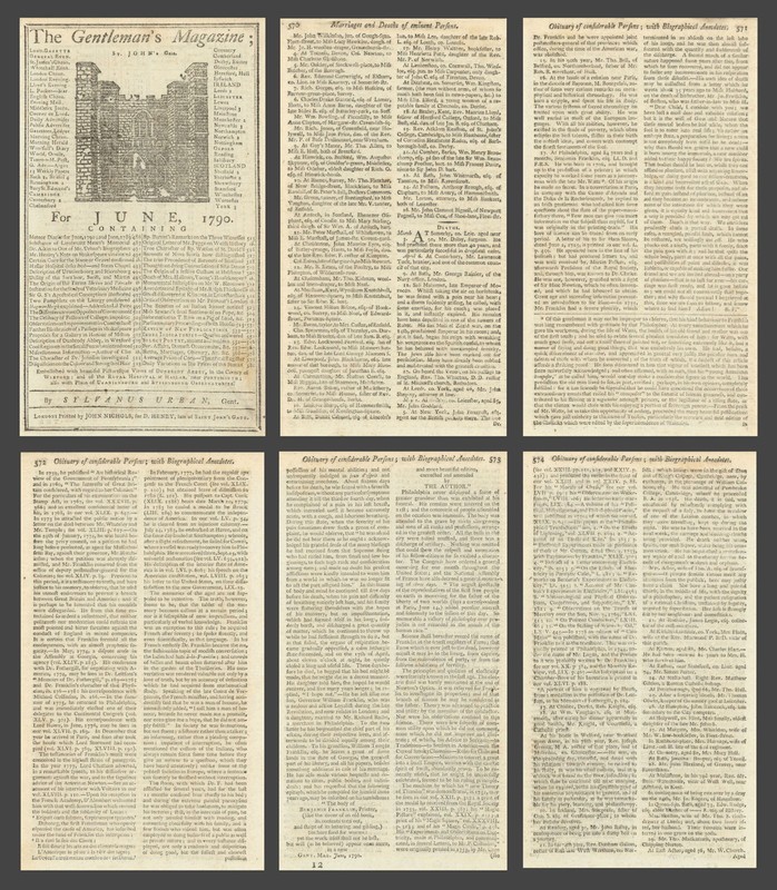 Benjamin Franklin obituary printed in the Gents Magazine. 17th April 1790