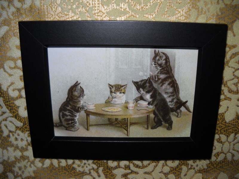 KITTENS EAT BREAKFAST 4 X 6 BLACK framed animal picture Victorian style print