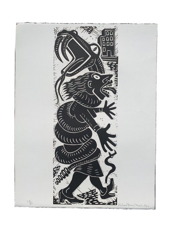 New York Texas Artist & Printmaker Richard Basil Mock Signed Linocut Print. 1986 gallery