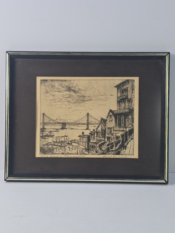 Harriet Roudebush Signed Etching Old Houses Telegraph Hill San Francisco Framed
