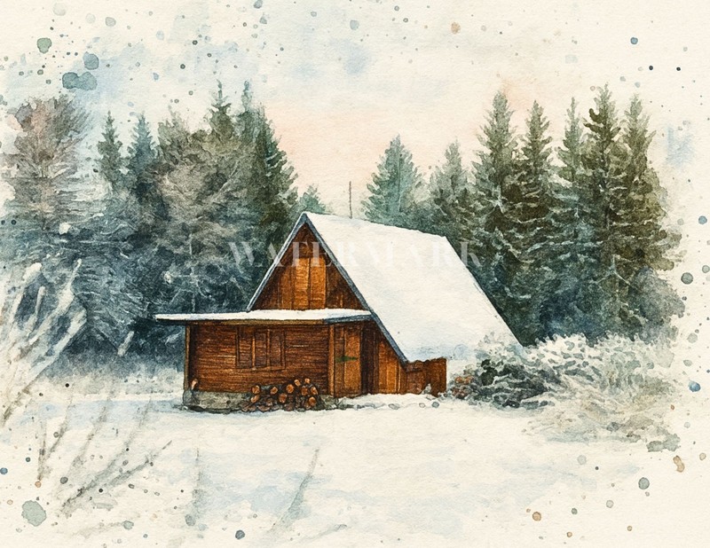 Snow Covered Cabin Woodland Winter Scene Watercolor Print 8″x10″