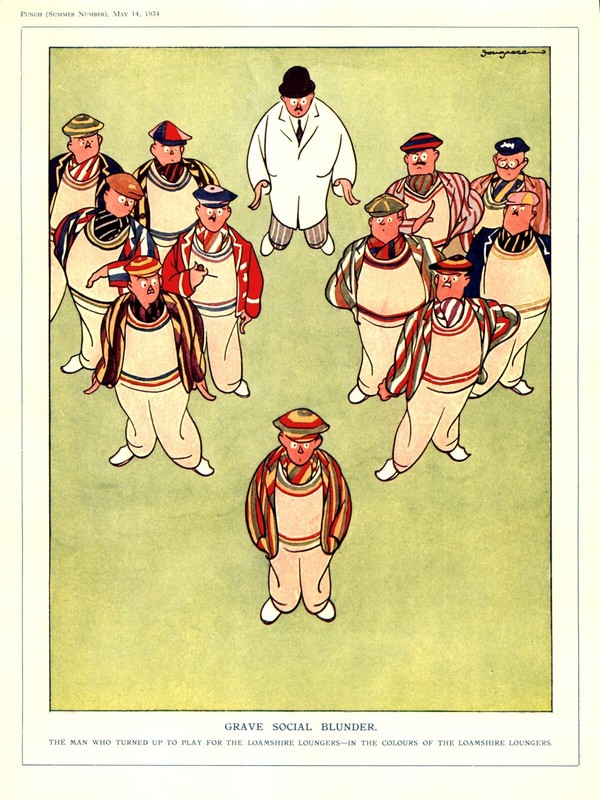 VINTAGE ROWING BLAZER FASHION CARTOON – 1934 BRITISH LAMPOON – «SOCIAL BLUNDER»