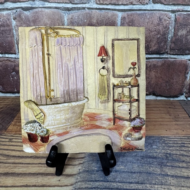 C Winterle Olson 3D Wall Art Resin Plaque Painting Bathroom Signed Kitschy-READ