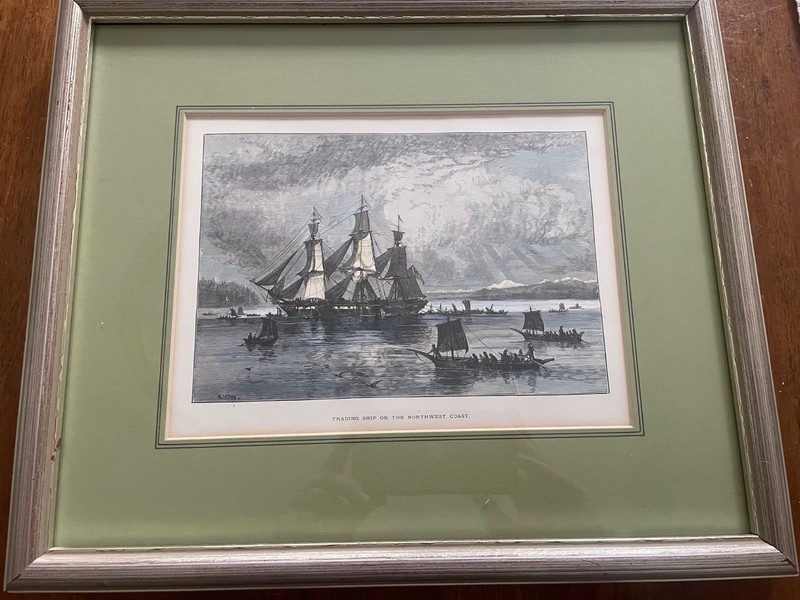 Antique A.R. Waud "Trading Ship on the Northwest Coast" Engraved Print Framed 14