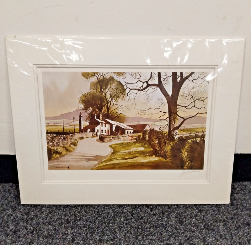 J. R. Hurley Signed Farmhouse Landscape Watercolour Print Mounted 50cm x 38cm