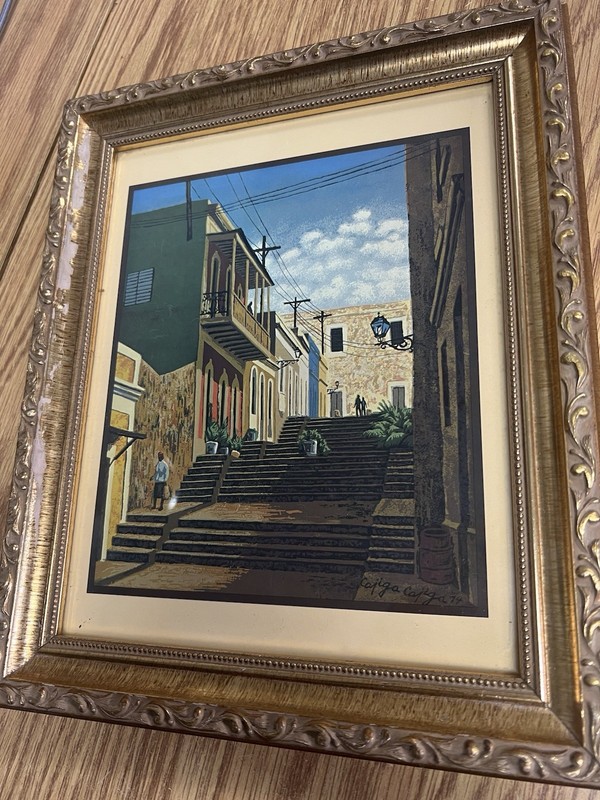 Vintage Framed Caribbean Colonial Street Scene Art Print Signed Capiga 12×10”