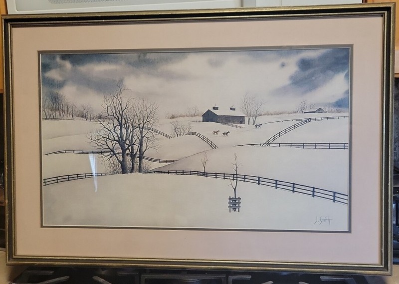 Winter In Kentucky Print Framed Matted 31x21 Signed J Smith Tranquility