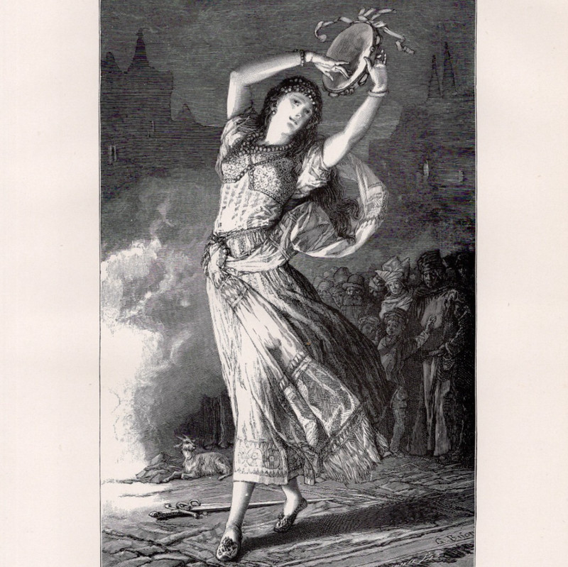 Beautiful Esmeralda Dancing With Tambourine Gypsy Girl Night 1892 Antique Print