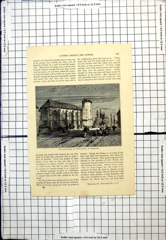 Old Antique Print Schloss-Kirk Or Castle-Church Wittemburg Street Scene