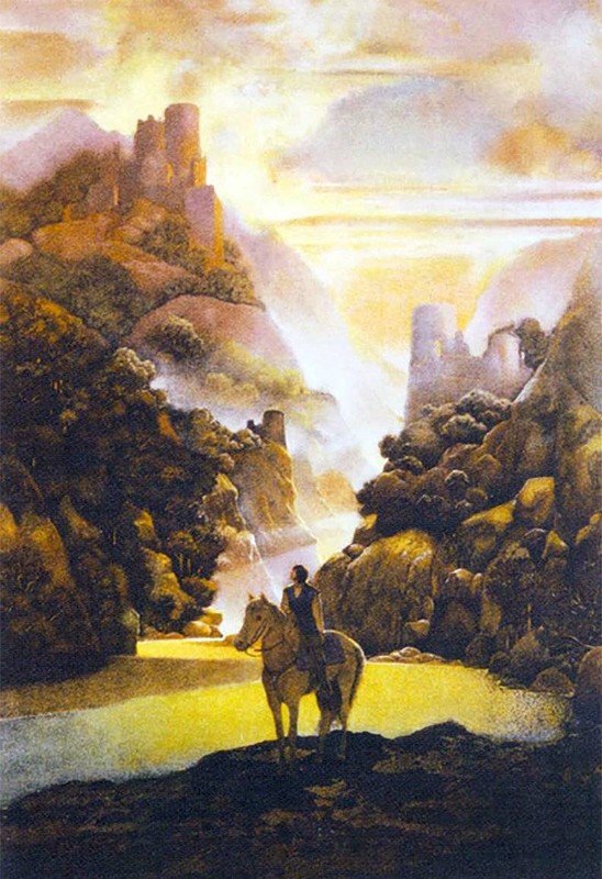 Lady on a Horse Castles Mountains by Maxfield Parrish