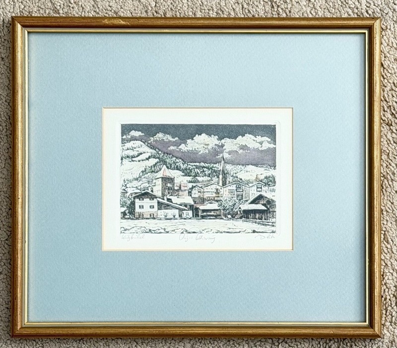 Vintage Tyrol Austria Alps Alpine Village Original Signed Etching Framed