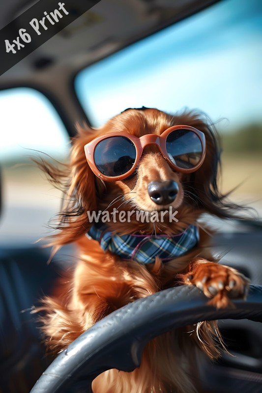 Dachshund driving a mini car sporting retro goggles ar 4×6 Print