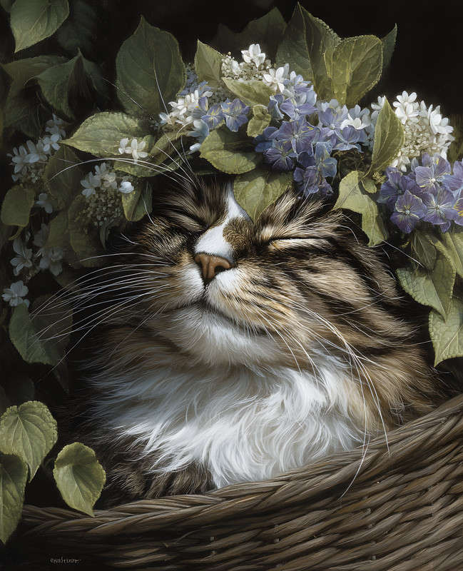 8×10 Cat Laying in Basket with Flowers Art Print – 628118165