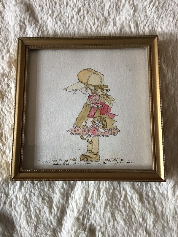 Vintage Holly Hobbie Style Small Square Original Art Work Framed Pauline Reed