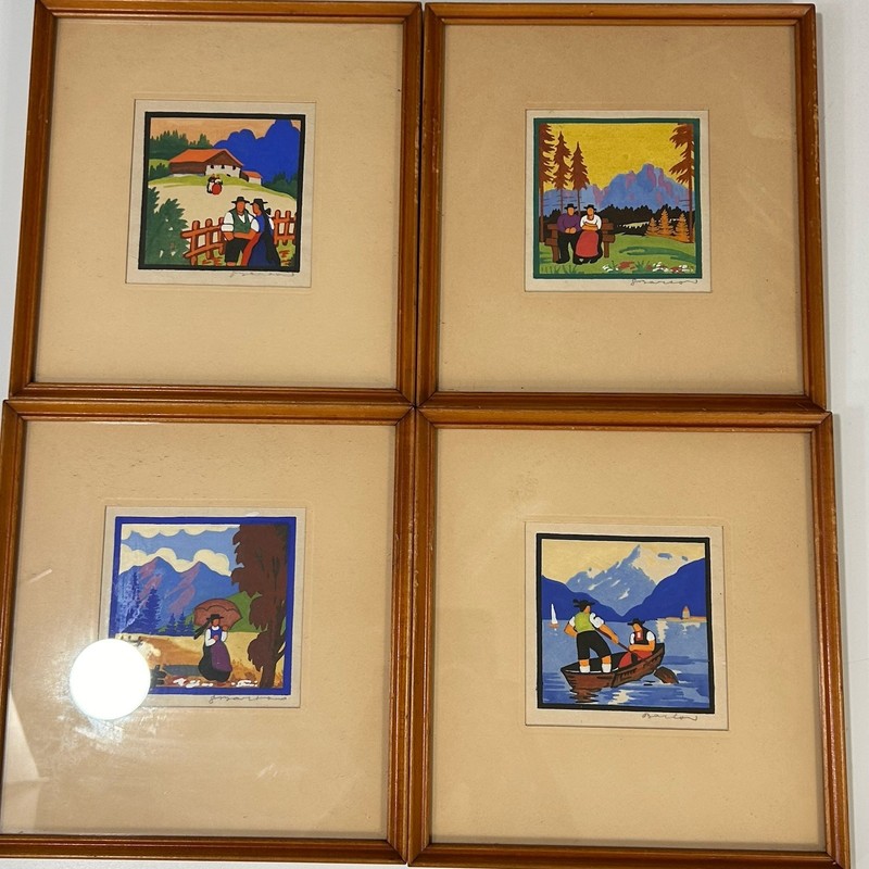 4 Antique Woodcut Paintings G. Barton Holiday Neighborly Talk Swiss Lake Set gallery
