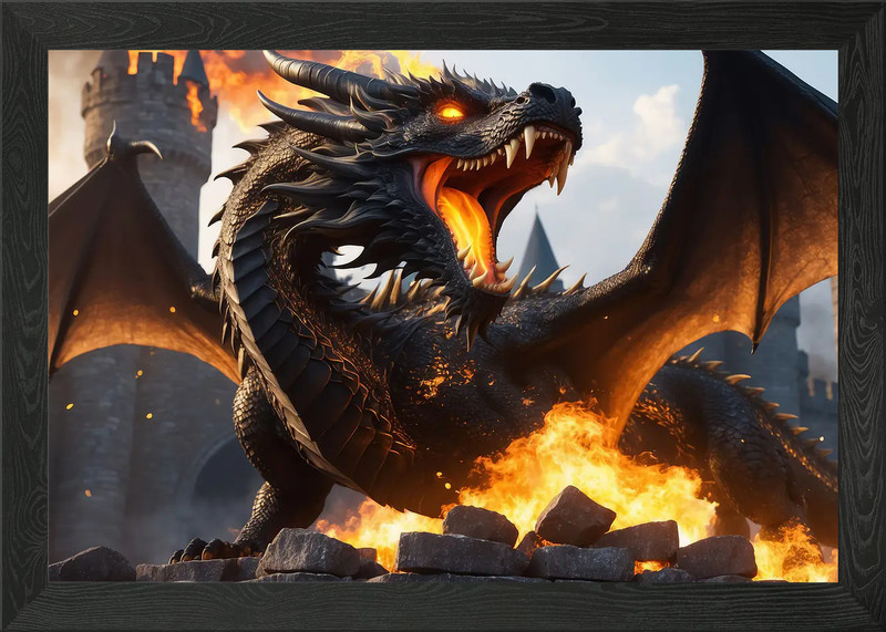 Black Dragon in Flames Framed Wall Art Poster Canvas Print Picture