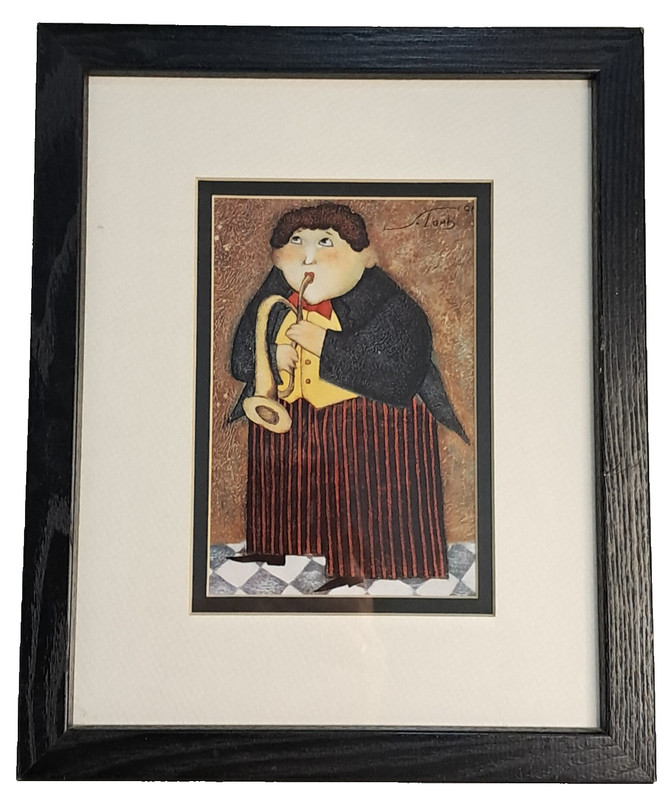 Musical Art Print Boy Playing Horn S Lamb ’96 Music Room Decor Framed 11.25″x9″