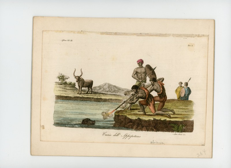 ABYSSINIANS Hunting Hippo Hand-Colored Engraving 1843 Mounted Ancient Costumes