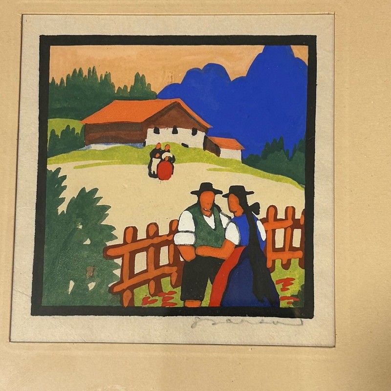 4 Antique Woodcut Paintings G. Barton Holiday Neighborly Talk Swiss Lake Set gallery