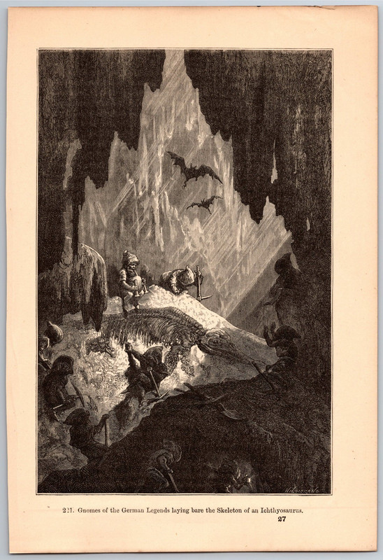 1882 Antique Print Engraving on Wood – Gnomes of German Legend, Ichthyosaurus
