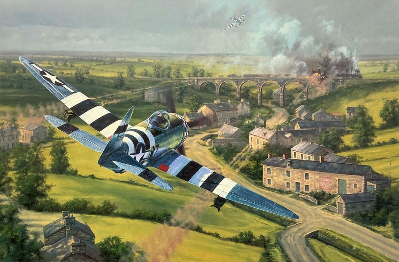 Bridge Busters by Anthony Saunders aviation art signed by D-Day P-47 Pilots