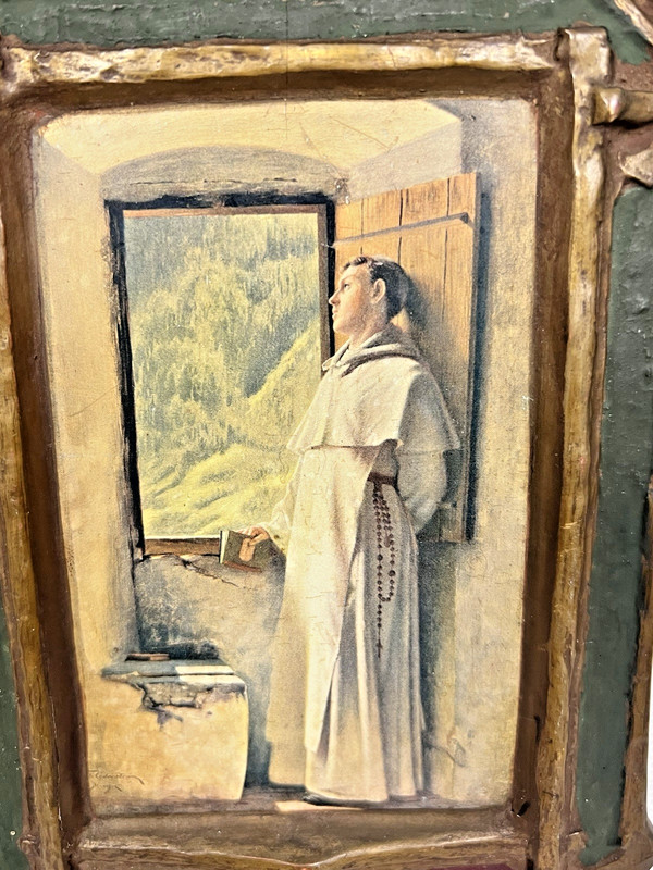 Vintage Gesso Duracraft Sunlight Cederstrom Monk Thinking Painted Ornate Frame gallery