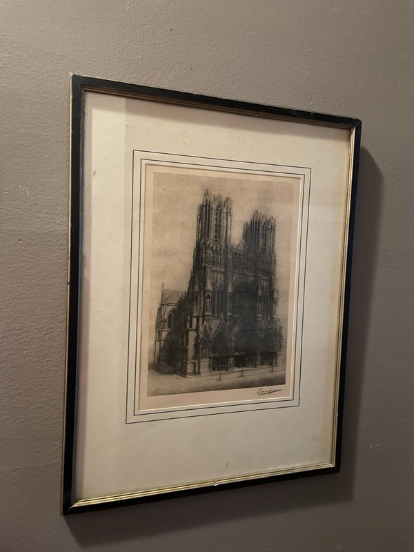 Antique Gothic Cathedral Lithograph c1900 Hand Signed Ponteau Framed Print
