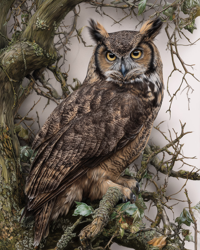 8×10 Owl Perched on Branches Woodland Wildlife Art Print – 111968558