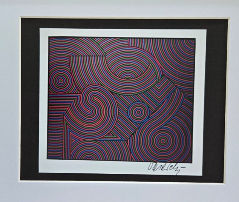 VICTOR VASARELY + SIGNED GEOMETRIC ABSTRACT PRINT FROM 1970s NEW FRAME 14x11in. gallery